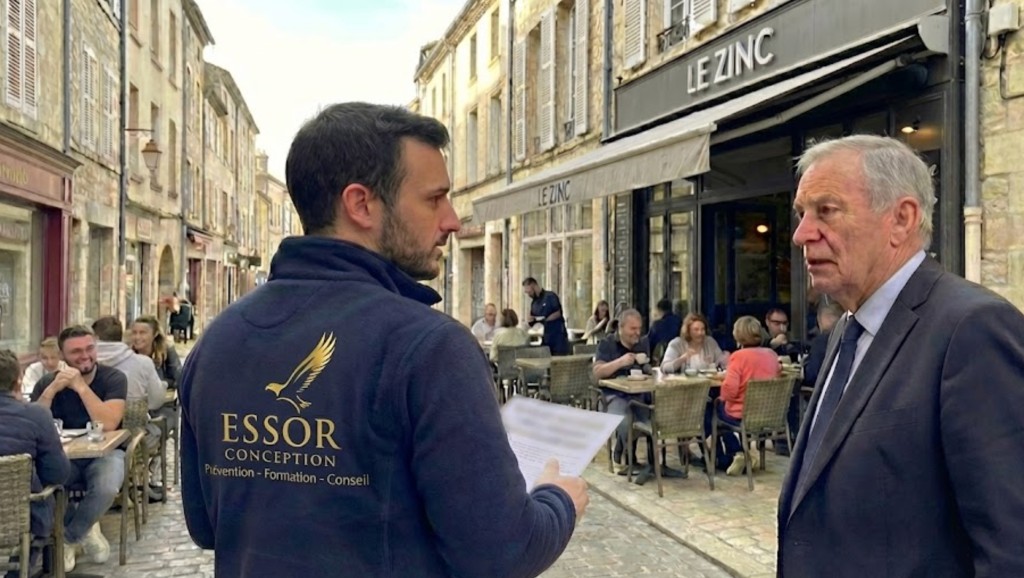 Un maire devant un bar, conseillé par un expert Essor Conception